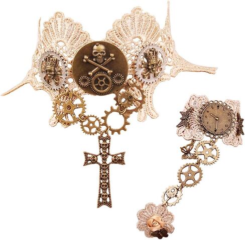 qrettie المختنق قلادة ل Steampunk هالوين الشرير زي حزب الرجعية والعتاد ساعة الترس المرأة القوطية الدانتيل القلائد هالوين لوليتا الفيكتوري البخار الشرير المختنق قلادة in Kuwait