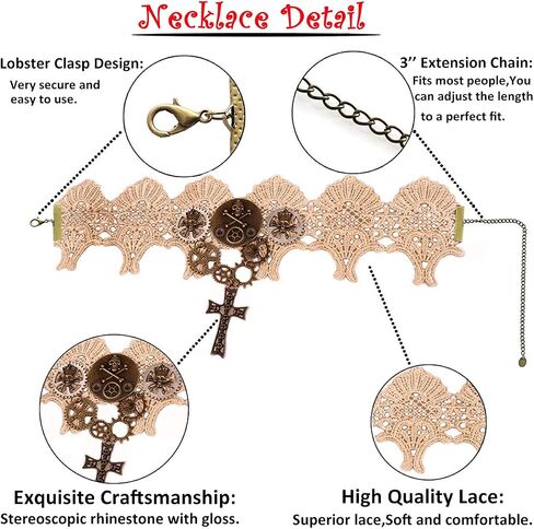 qrettie المختنق قلادة ل Steampunk هالوين الشرير زي حزب الرجعية والعتاد ساعة الترس المرأة القوطية الدانتيل القلائد هالوين لوليتا الفيكتوري البخار الشرير المختنق قلادة in Kuwait