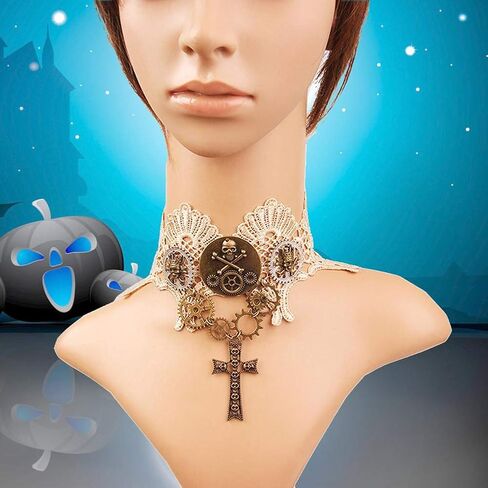 qrettie المختنق قلادة ل Steampunk هالوين الشرير زي حزب الرجعية والعتاد ساعة الترس المرأة القوطية الدانتيل القلائد هالوين لوليتا الفيكتوري البخار الشرير المختنق قلادة in Kuwait