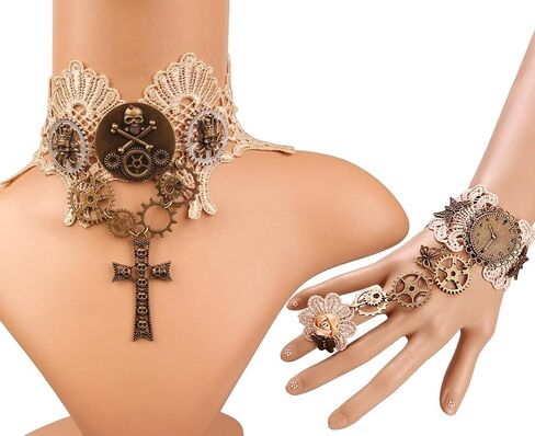 qrettie المختنق قلادة ل Steampunk هالوين الشرير زي حزب الرجعية والعتاد ساعة الترس المرأة القوطية الدانتيل القلائد هالوين لوليتا الفيكتوري البخار الشرير المختنق قلادة in Kuwait