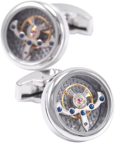 أزرار أكمام فاخرة من ألياف الكربون توربيون بطراز عتيق (فضي)، أزرار أكمام ميكانيكية عمل حركية للرجال للمجوهرات/الزفاف / هدية مع صندوق عرض فاخر, Small, نحاس أصفر, بدون أحجار كريمة in Kuwait