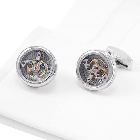 أزرار أكمام فاخرة من ألياف الكربون توربيون بطراز عتيق (فضي)، أزرار أكمام ميكانيكية عمل حركية للرجال للمجوهرات/الزفاف / هدية مع صندوق عرض فاخر, Small, نحاس أصفر, بدون أحجار كريمة in Kuwait