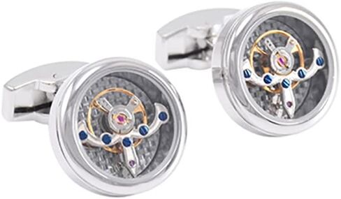 أزرار أكمام فاخرة من ألياف الكربون توربيون بطراز عتيق (فضي)، أزرار أكمام ميكانيكية عمل حركية للرجال للمجوهرات/الزفاف / هدية مع صندوق عرض فاخر, Small, نحاس أصفر, بدون أحجار كريمة in Kuwait