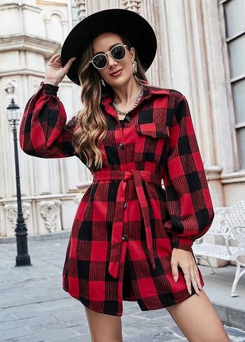 سترة نسائية منقوشة من الفلانيل ملفوفة، قمصان خريفية كاجوال بأزرار سفلية، معاطف طويلة الأكمام مع جيوب in Kuwait