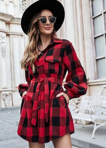 سترة نسائية منقوشة من الفلانيل ملفوفة، قمصان خريفية كاجوال بأزرار سفلية، معاطف طويلة الأكمام مع جيوب in Kuwait