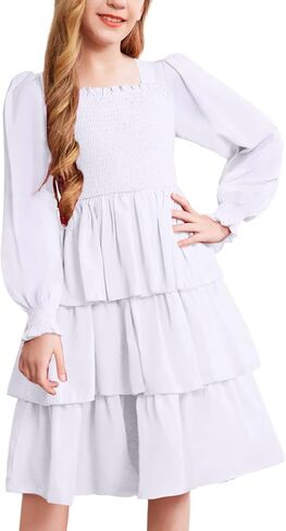 Arshiner Girls Long-Sleeve Tiered Dresses Square Neck Lantern Smocked Ruffle Layered Tie Back Dress in Saudi Arabia