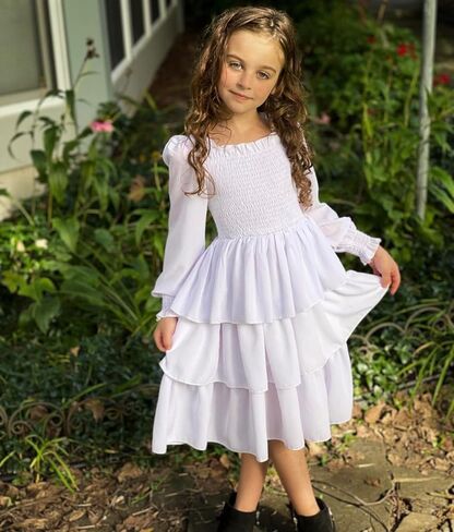 Arshiner Girls Long-Sleeve Tiered Dresses Square Neck Lantern Smocked Ruffle Layered Tie Back Dress in Saudi Arabia
