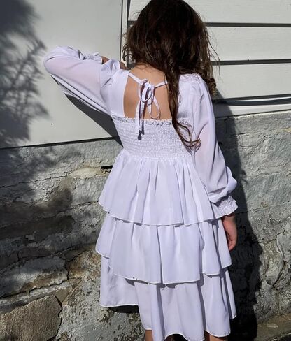 Arshiner Girls Long-Sleeve Tiered Dresses Square Neck Lantern Smocked Ruffle Layered Tie Back Dress in Saudi Arabia