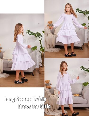 Arshiner Girls Long-Sleeve Tiered Dresses Square Neck Lantern Smocked Ruffle Layered Tie Back Dress in Saudi Arabia