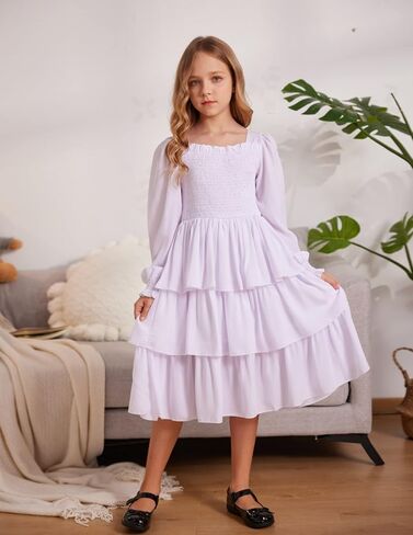 Arshiner Girls Long-Sleeve Tiered Dresses Square Neck Lantern Smocked Ruffle Layered Tie Back Dress in Saudi Arabia