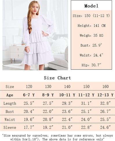 Arshiner Girls Long-Sleeve Tiered Dresses Square Neck Lantern Smocked Ruffle Layered Tie Back Dress in Saudi Arabia
