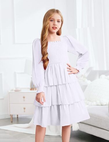 Arshiner Girls Long-Sleeve Tiered Dresses Square Neck Lantern Smocked Ruffle Layered Tie Back Dress in Saudi Arabia