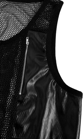 WDIRARA Men's Fishnet Mesh PU Leather Scoop Neck Sleeveless Tank Top Partywear in Saudi Arabia