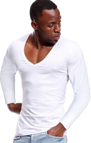 zbrandy Deep V Neck Shirts Men Long Sleeve Stretch T-Shirt Low Cut Undershirts Tees in Kuwait
