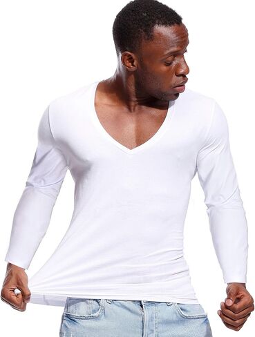 zbrandy Deep V Neck Shirts Men Long Sleeve Stretch T-Shirt Low Cut Undershirts Tees in Kuwait