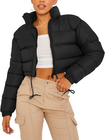 Flygo Women Cropped Puffer Jacket Winter Long Sleeve Quilted Puffy Bubble Padded Short Coats with Drawstring in Kuwait