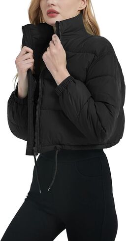 Flygo Women Cropped Puffer Jacket Winter Long Sleeve Quilted Puffy Bubble Padded Short Coats with Drawstring in Kuwait