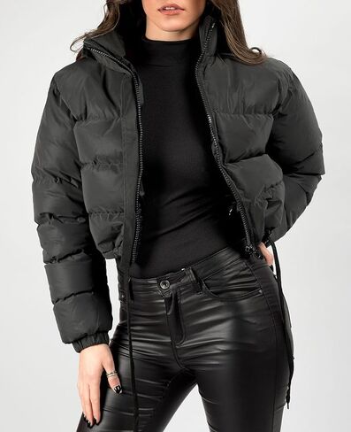 Flygo Women Cropped Puffer Jacket Winter Long Sleeve Quilted Puffy Bubble Padded Short Coats with Drawstring in Kuwait