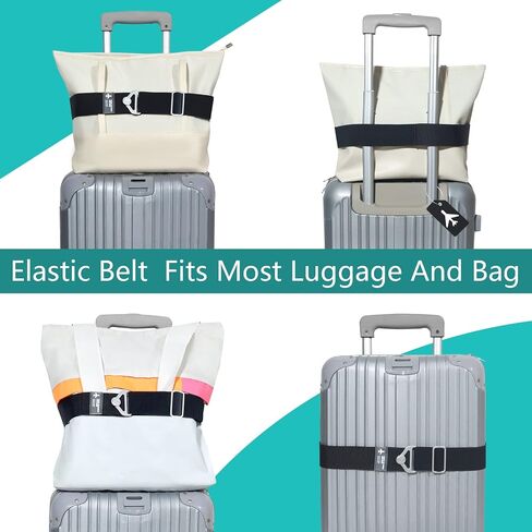 2-in-1 Luggage Straps Travel Belt for Luggage Over Handle for Carry On Bag, Adjustable Elastic Luggage Straps for Suitcases Add a Bag, 2 Silicone Luggage Tags, Hands-Free for Trip & Airport in Saudi Arabia