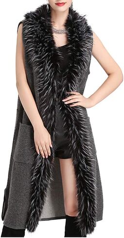 Tngan Womens Long Waistcoat Fuax Fur Trim Winter Vest Sleeveless Cardigan in Saudi Arabia