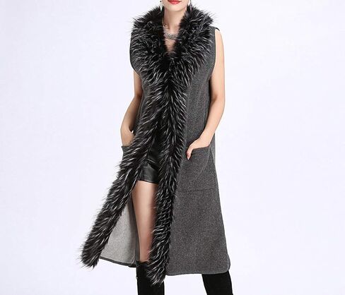 Tngan Womens Long Waistcoat Fuax Fur Trim Winter Vest Sleeveless Cardigan in Saudi Arabia