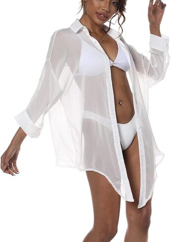ZAFUL Women's Bikini Swimwear Cover Up Semi-Sheer V Neck Button Up Top Shirt Blouse Beachwear in Kuwait