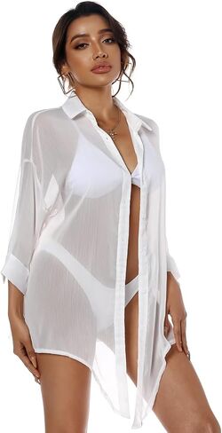 ZAFUL Women's Bikini Swimwear Cover Up Semi-Sheer V Neck Button Up Top Shirt Blouse Beachwear in Kuwait