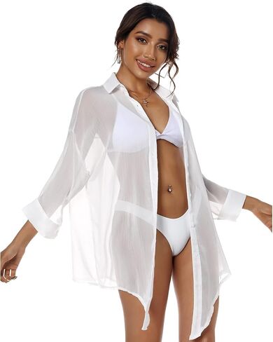 ZAFUL Women's Bikini Swimwear Cover Up Semi-Sheer V Neck Button Up Top Shirt Blouse Beachwear in Kuwait
