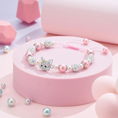 Lanqueen كيتي القط قلادة سوار للفتيات القط جيرفس لمحبي القطط اللؤلؤ الوردي وكرات لامعة مجوهرات عيد ميلاد هدايا عيد الميلاد لابنة حفيدة in Kuwait