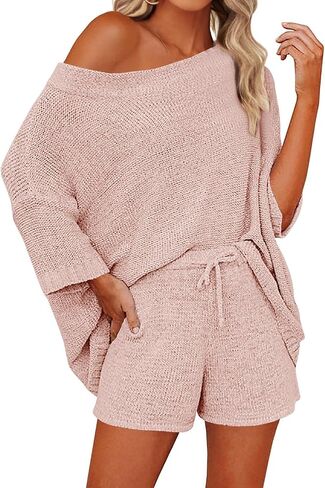 Mafulus Women's 2 Piece Outfits Sweater Sets Off Shoulder Knit Top Shorts Matching Suits Cute Pajama Lounge Set in Saudi Arabia