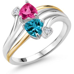 Gem Stone King 925 من الفضة والذهب الأصفر عيار 10 قيراط والوردي المصنوع من الياقوت الأزرق في لندن والتوباز الأزرق والألماس المعملي 2 خاتم خطوبة الأم للزوجين على شكل قلب (1.17 قيراط، متوفر بمقاس 5، 6، 7، 8، 9) in Kuwait