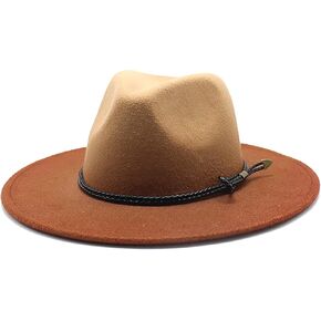 UTOWO Two-Color-Gradient-Ombre Felt-Fedora-Panama-Hats for Women Men, Two-Tone Tie-Dye Wide-Brim Fedora-Hat with Belt Buckle