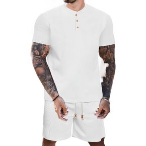 مجموعات قصيرة للرجال من OYOZONE مكونة من قطعتين ملابس رياضية صيفية عصرية غير رسمية بأكمام قصيرة قميص وافل هينلي شورت برباط in Kuwait