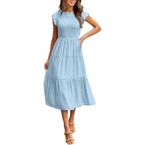 MEROKEETY Women's Flutter Short Sleeve Smocked Midi Dress Summer Casual Tiered A-Line Dress