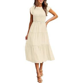 MEROKEETY Women's Flutter Short Sleeve Smocked Midi Dress Summer Casual Tiered A-Line Dress in Saudi Arabia