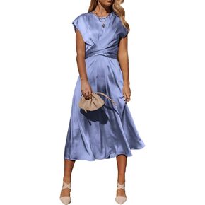 PRETTYGARDEN Women's 2023 Summer Satin Midi Dress Cap Sleeve Tie Waist Elegant A-Line Flowy Dresses