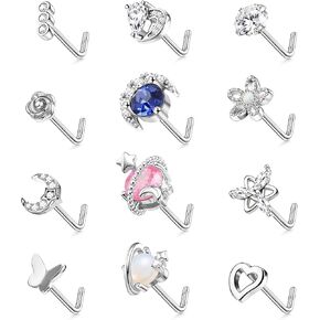 Ubjuliwa 12Pcs L Shaped Bone Nose Studs Screw Nose Studs Surgical Steel 20G Bling CZ Flower Butterfly Moon Stars Nose Ring Stud for Women Silver Rose Gold Nose Piercing Stud Jewelry