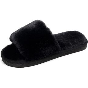 Women's Fuzzy Fluffy Furry Fur Slippers Flip Flop Open Toe Cozy House Memory Foam Sandals Slides Soft Flat Comfy Anti-Slip Spa Indoor Outdoor Slip on