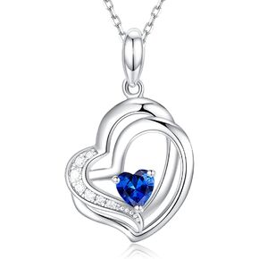 Cranmadia September Birthstone Sapphire Necklace for Women Sterling Silver Double Heart Pendant Necklace Cubic Zirconia Fashion Jewelry Anniversary Birthday Gifts for Girls Wife Mom Her
