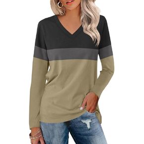 Minetom Women's V Neck Long Sleeve T Shirts Casual Color Block/Solid Tunic Tops Basic Tees