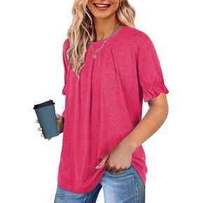 LCXWFE Womens Tops Dressy Casual Summer Shirts Crew Neck Pleated Ruffle Sleeve Tops for Women