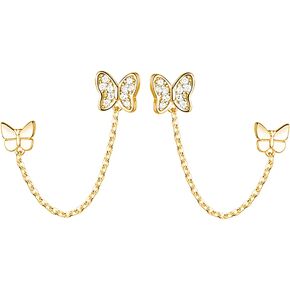 Reffeer Solid 925 Sterling Silver Double Holes CZ Butterfly Chain Stud Earrings Two Butterfly Cuff Climber Earrings for Women Teen