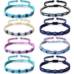 Hicarer 8 Pieces Evil Eye Beaded Bracelet Adjustable Blue Evil Eye Rope Bracelets Kabbalah Protection Friendship Bracelet Hand Woven Turkish Lucky Protection Bracelets for Women Men