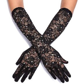 GEMILY Lace Gloves Black Rhinestone Fishnet Gloves Flowers Sparkly Gloves Full Finger Rave Party Gloves for Women and Girls