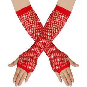 JOMOCARE Long Fishnet Fingerless Gloves 80’s Theme Party with Rhinestones Mesh Gloves for Women Girls Cosplay, Performance.
