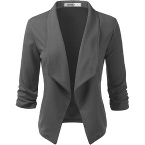 DOUBLJU Women's Casual Work Ruched 3/4 Sleeve Open Front Blazer Jacket with Plus Size