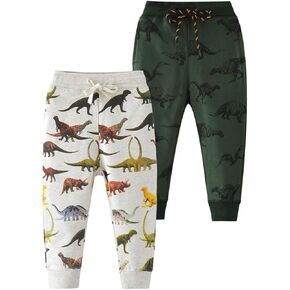 AQEACARMON طفل رضيع الصبي الكرتون طباعة ديناصور سيارة الحيوان سراويل قطنية الرباط مطاطا Sweatpant 2-Pack