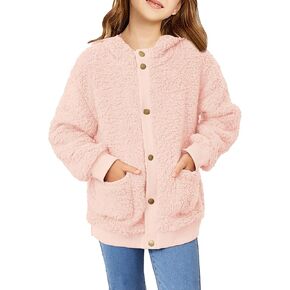 Arshiner Girls Fleece Sherpa Jacket Faux Shearling Fluffy Button Hooded Coat Fuzzy Outerwear Warm Winter Clothes With Pockets in Saudi Arabia