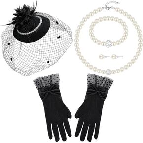 Geyoga 5 Pcs Tea Party Hat and Glove Set Fascinators Hat for Women Veil Headband Pearl Jewelry for 1920s Party