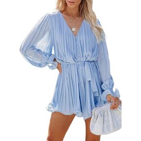 Dokotoo Womens 2023 Summer Buttons V Neck Tie Waist Flared Pleated Drape Long Sleeve Rompers Jumpsuits